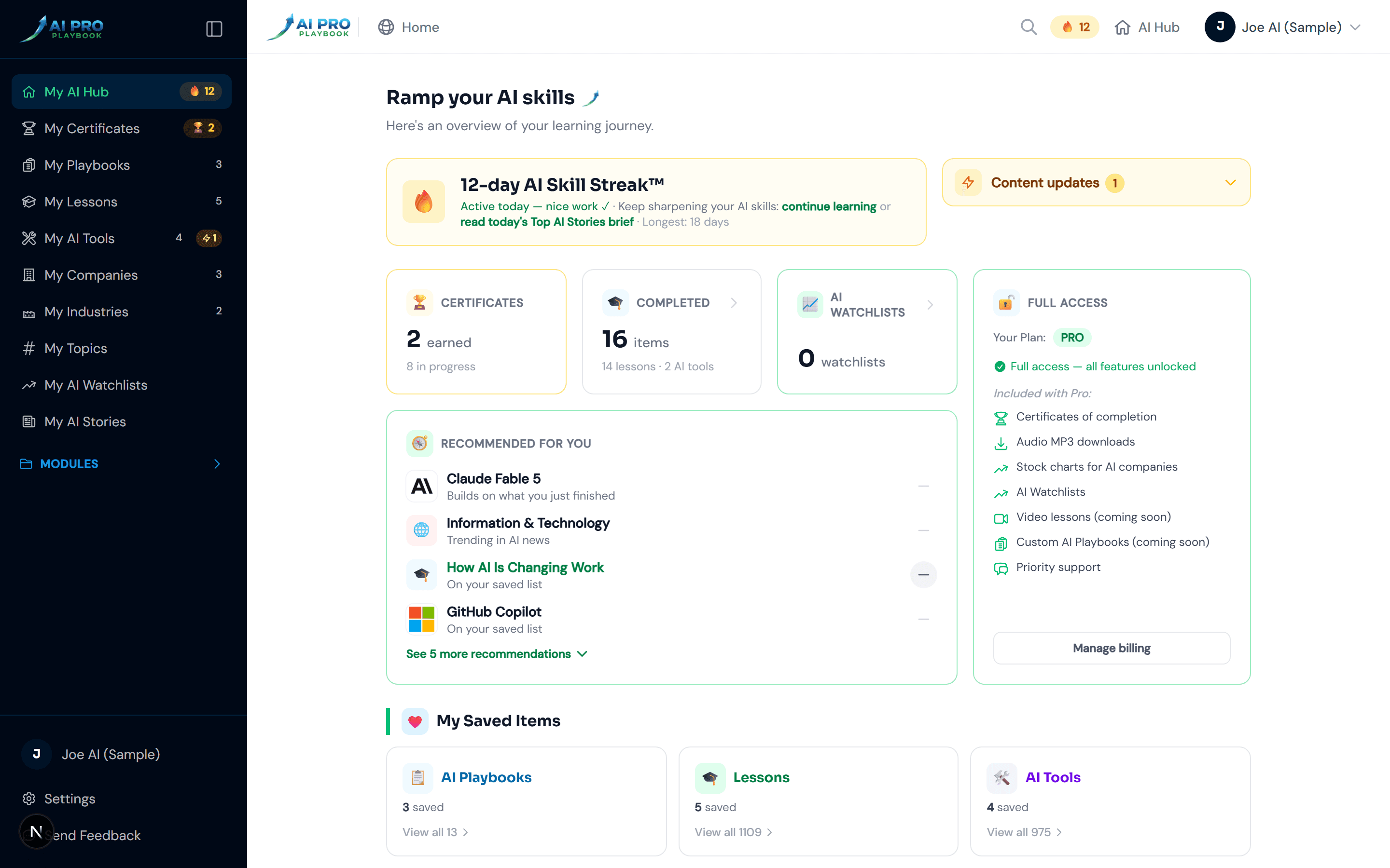 Sample AI Hub dashboard showing saved tools, a content-updates alert, an AI Skill Streak, and personalized recommendations