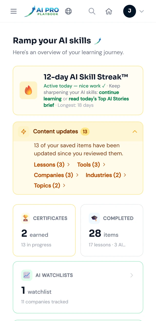 The AI Hub on a phone: a 12-day AI Skill Streak and an expanded Content updates alert listing the saved items that changed.