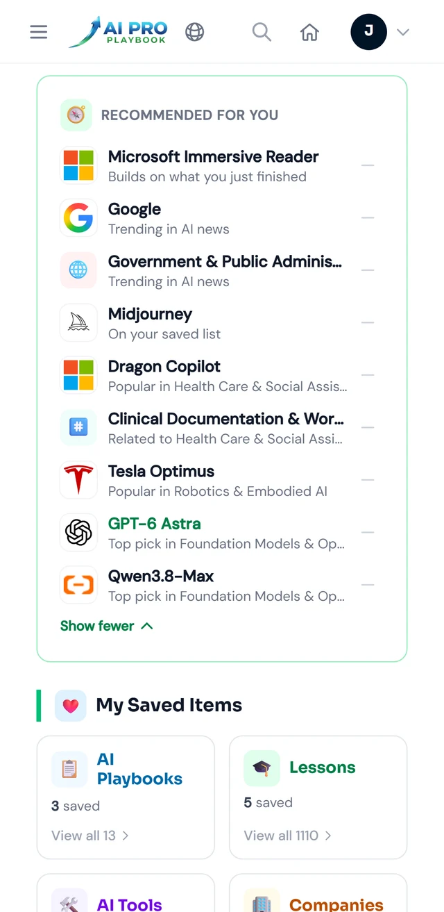 Recommended for you on a phone: nine personalised suggestions labelled Trending in AI news, On your saved list, and Popular.