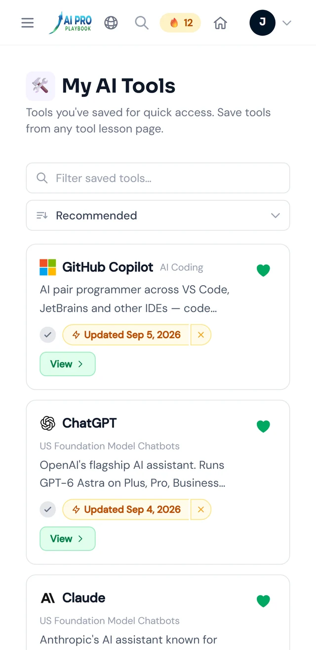 My AI Tools on a phone: saved tools including GitHub Copilot and OpenAI Codex, each with an Updated badge.